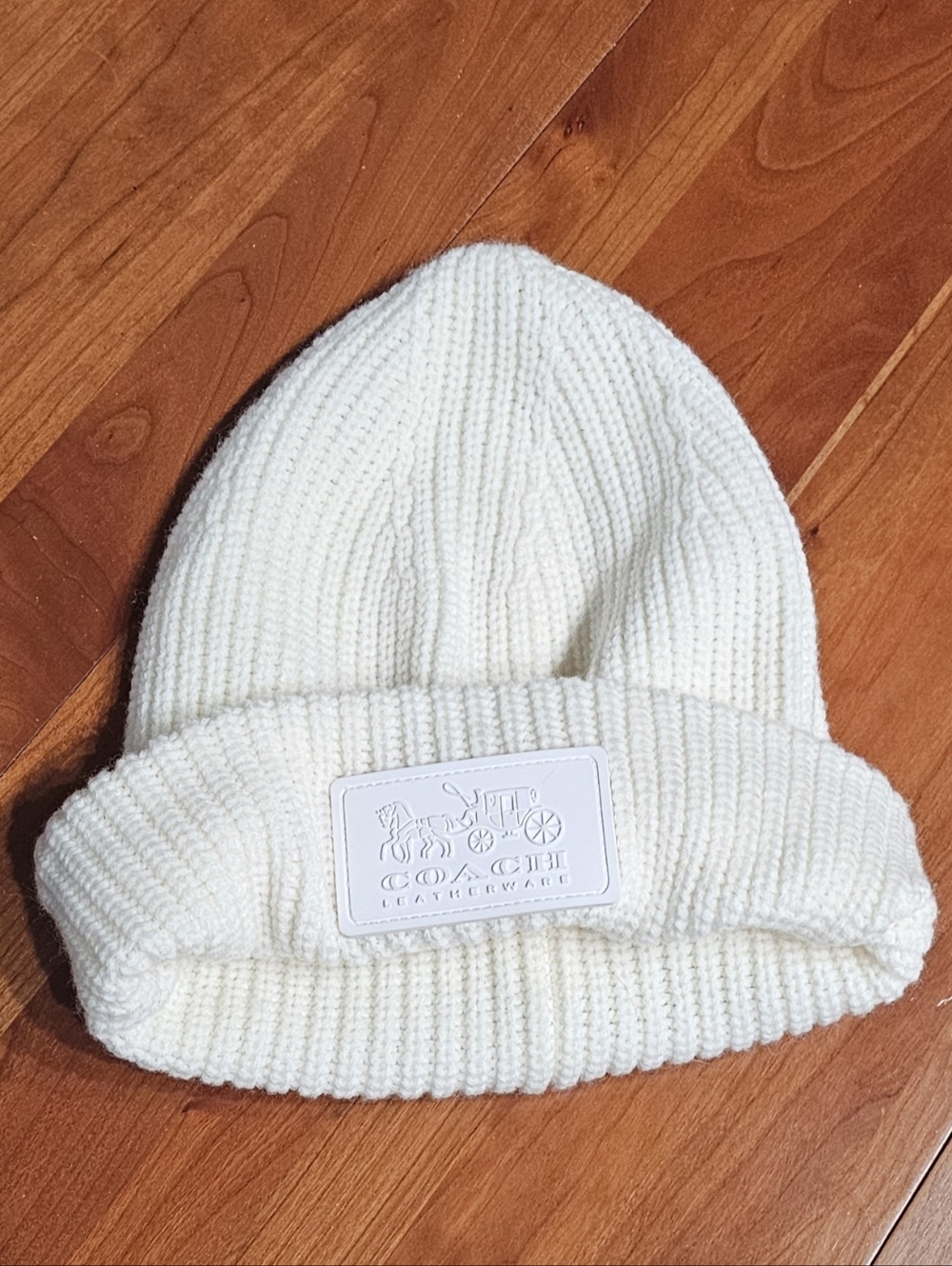Coach Cream Ribbed Knit Beanie